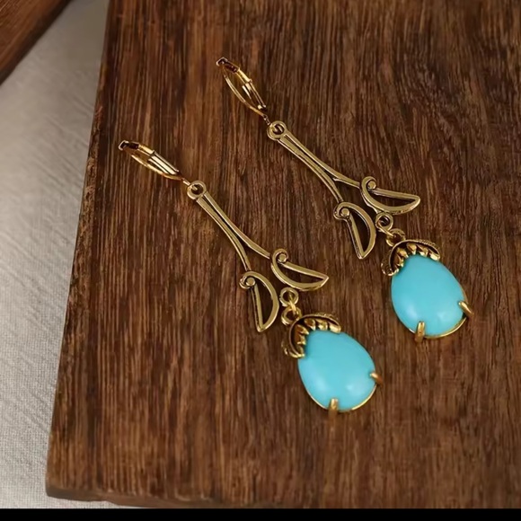 Gold-Tone Drop Earrings with Turquoise Teardrops — Women's Jewelry - Picture 2 of 5